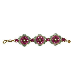 Handmade Huichol Style Artisan   Beaded Bracelet Pink & Mint Floral Design New